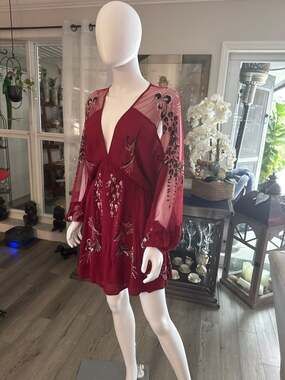 Free People Bonjour Embroidered Sheer Sleeve Mini Dress in Red